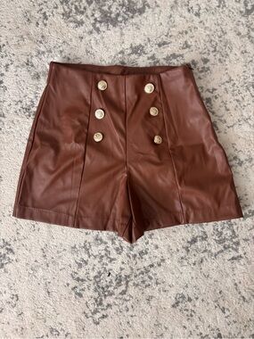 Ci Sono Chestnut High-Waist Faux Leather Button Shorts